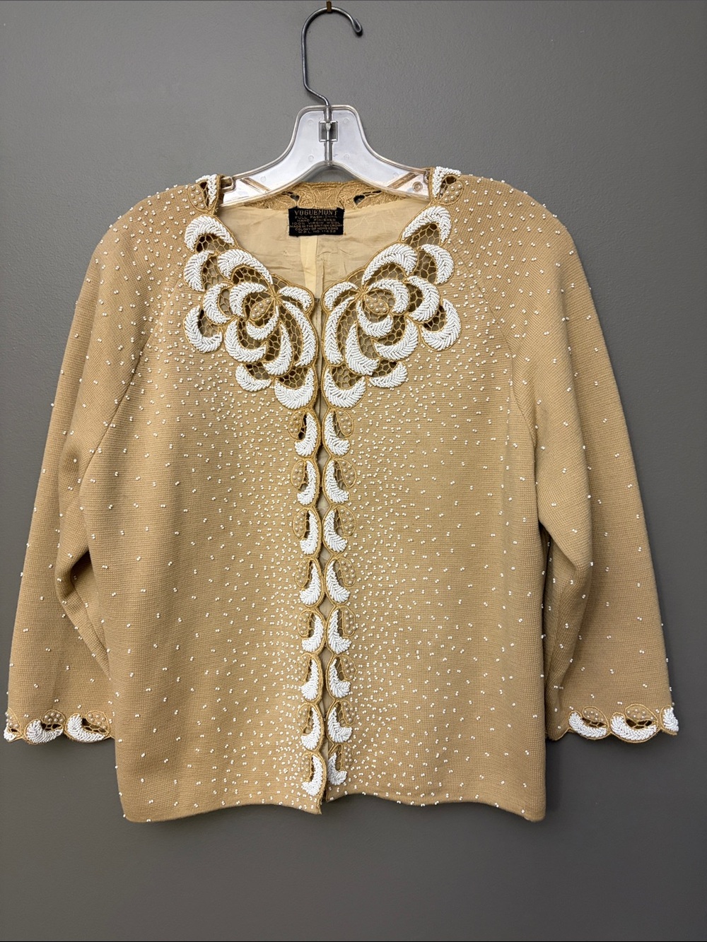 Vintage Voguemont Camel Cardigan Wool with White Beaded Embroidery - Size M/L